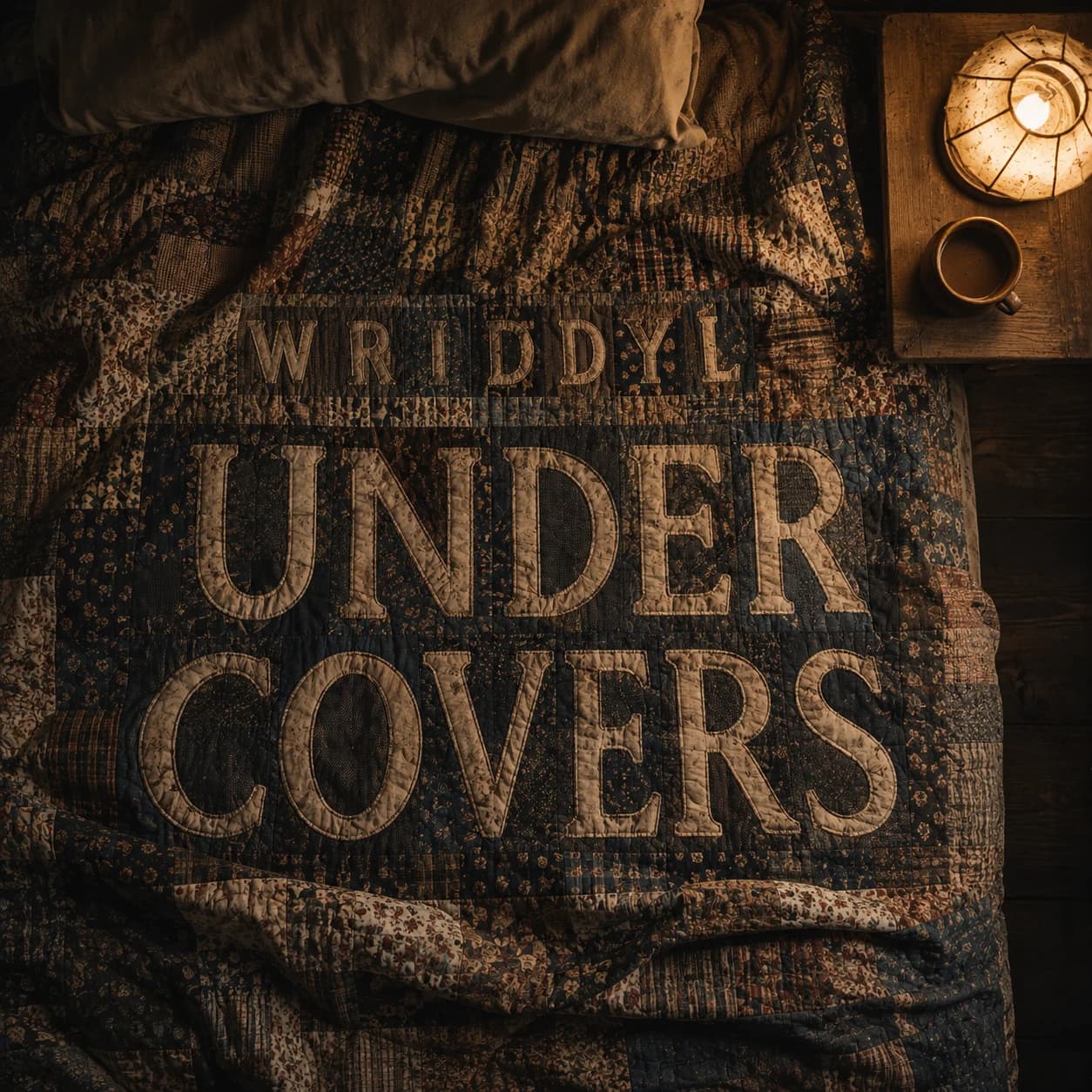 Under Covers by Wriddyl: the title stitched into a worn patchwork quilt beside a glowing bedside lamp